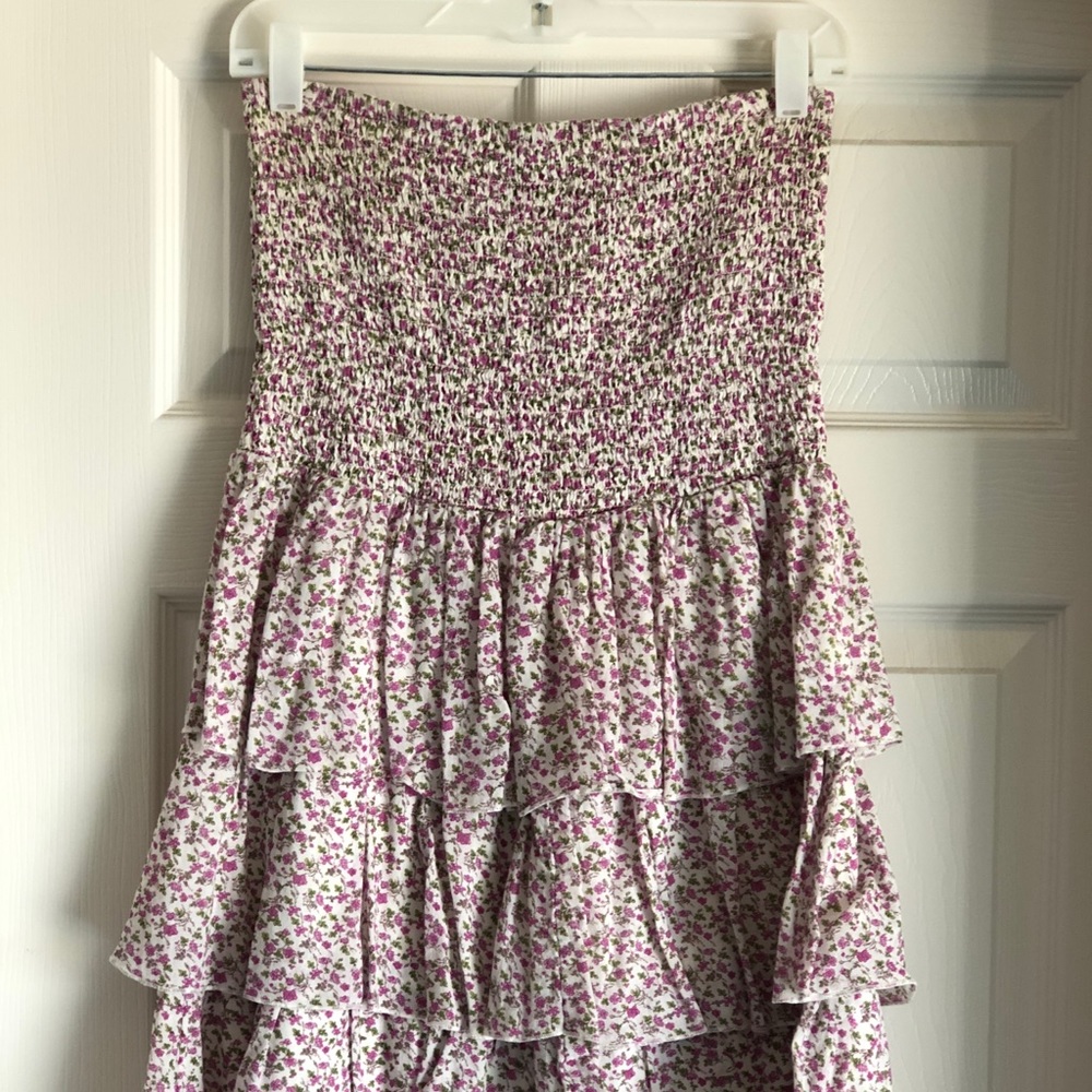 Strapless floral ruffle dress